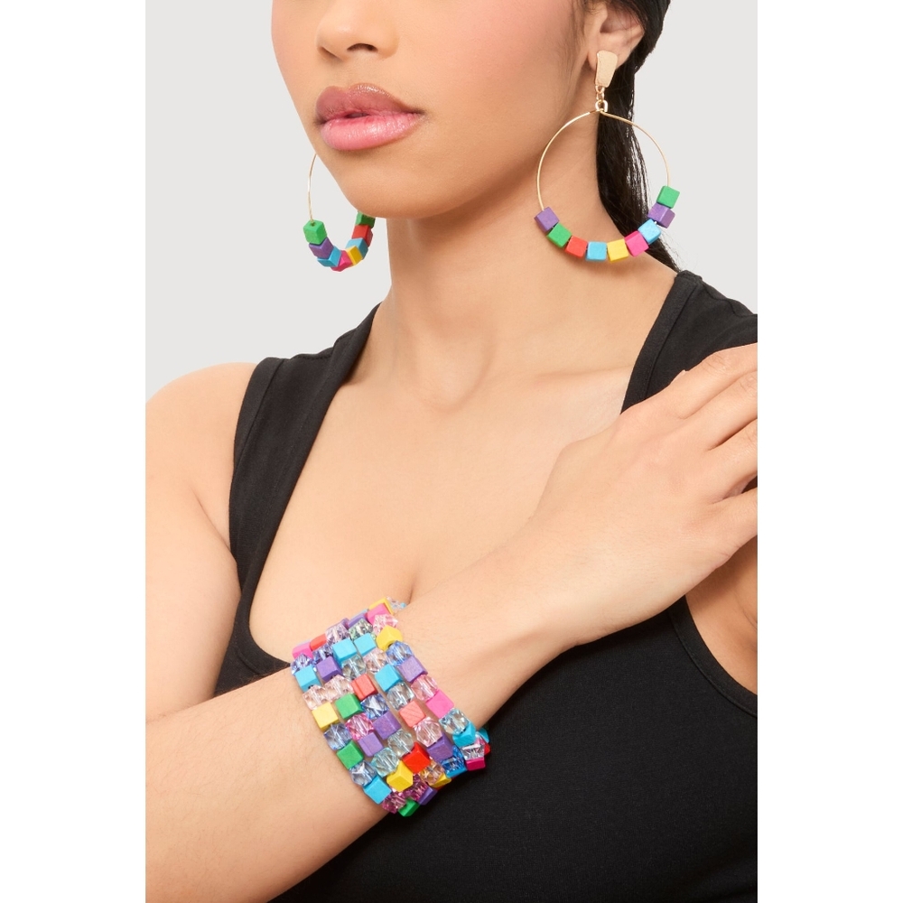 Colorful Beaded Hoop Earrings and Bracelet Set